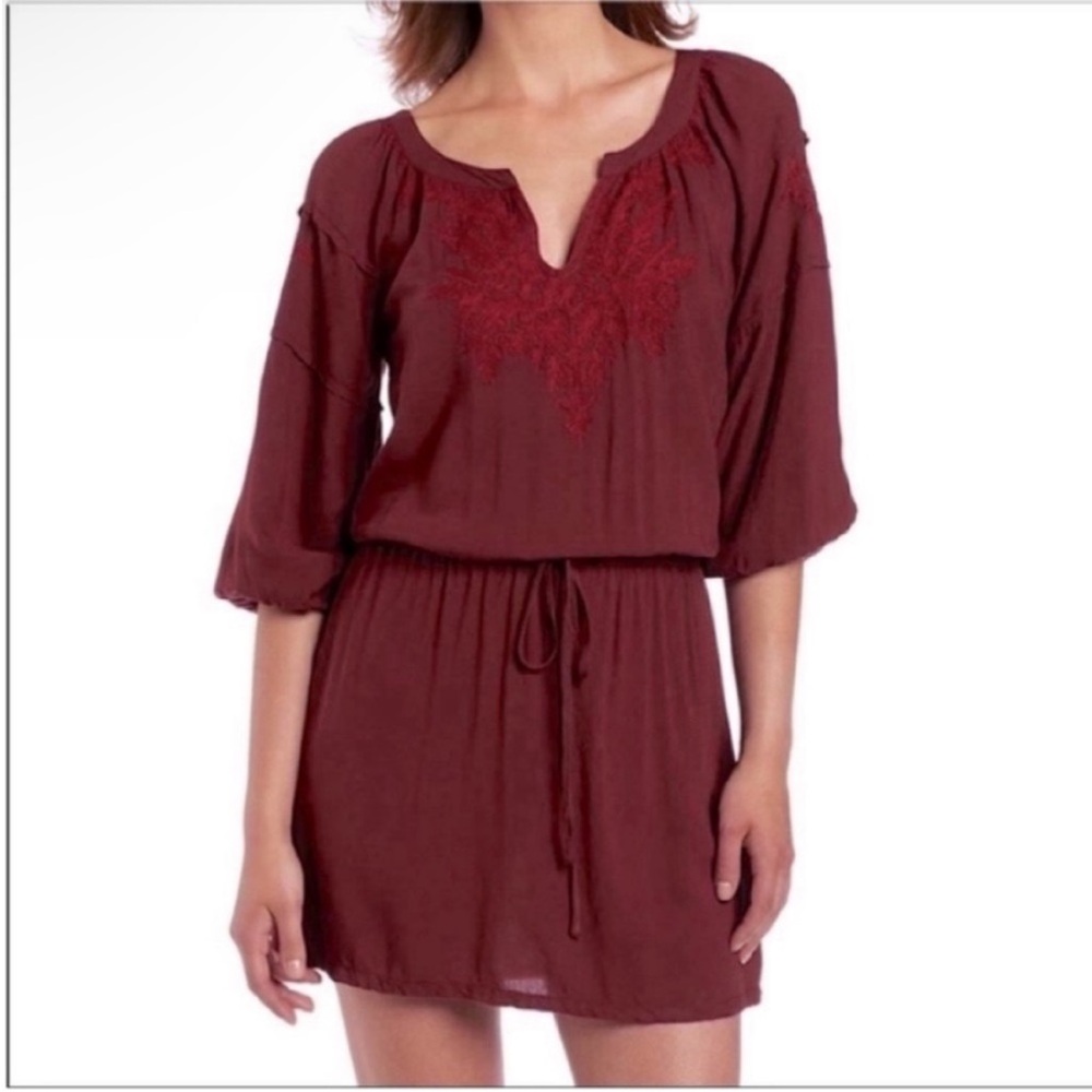 Lucky Brand Laszlo red tunic dress embroidered boho peasant